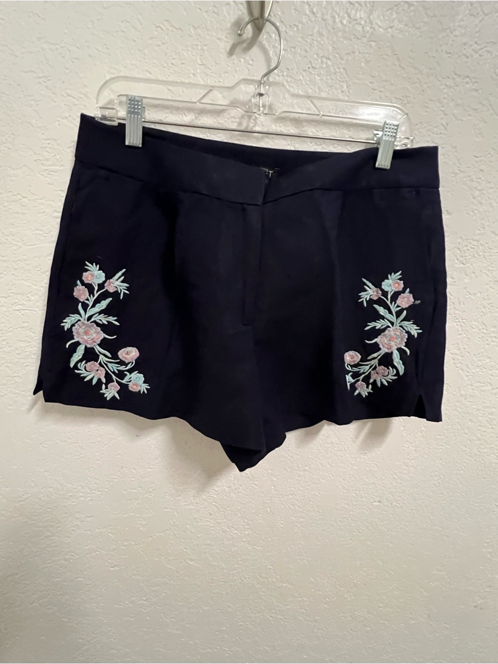 Embroidered Floral dark navy blue linen Women's Shorts